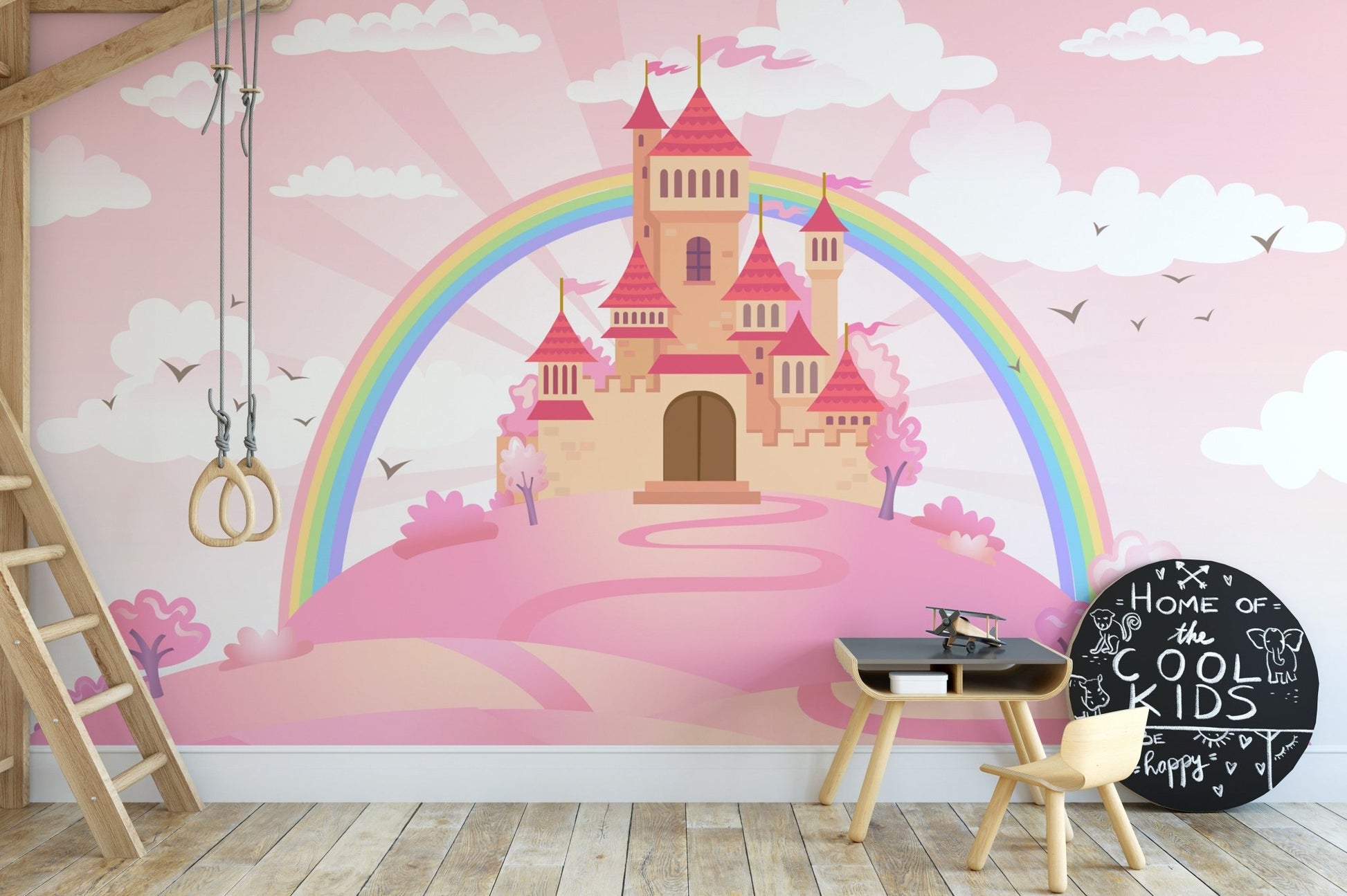 Dreamy princess castle mural with enchanted charm for kids space interiors.



