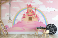 Dreamy princess castle mural with enchanted charm for kids space interiors.



