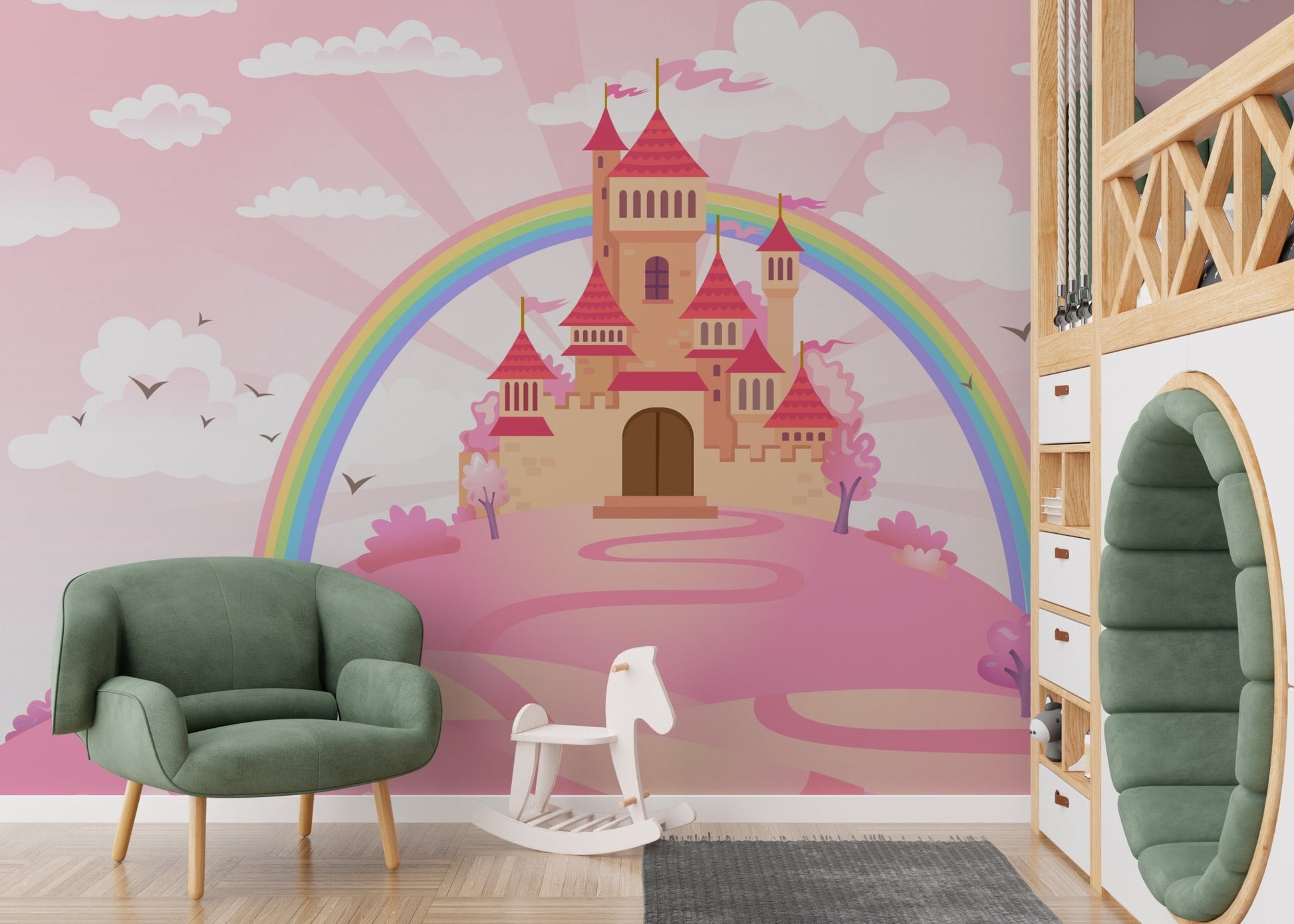 Enchanted princess castle mural adding magic to modern nursery walls.
