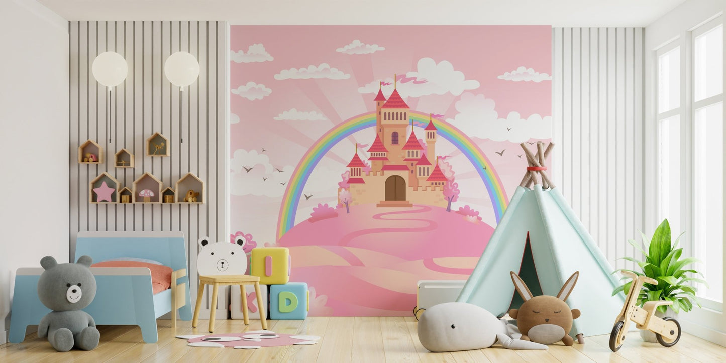 Princess castle wall mural for whimsical and elegant bedroom decor.
