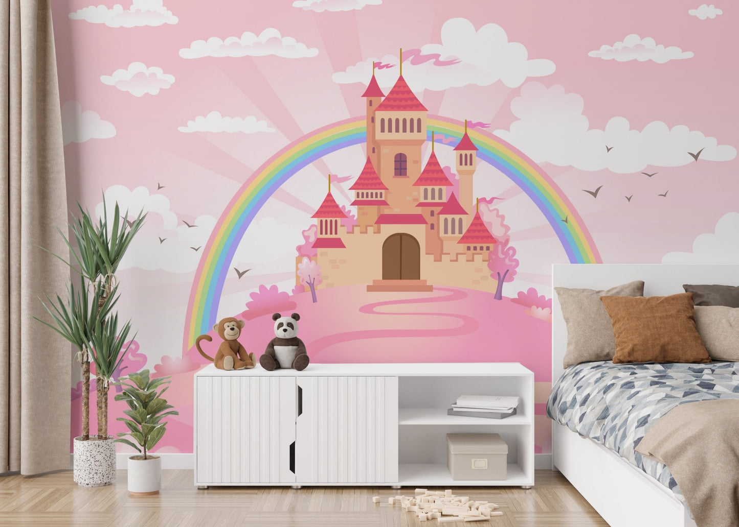 Fairytale enchanted castle mural for charming kids' bedroom decor.
