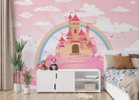 Fairytale enchanted castle mural for charming kids' bedroom decor.

