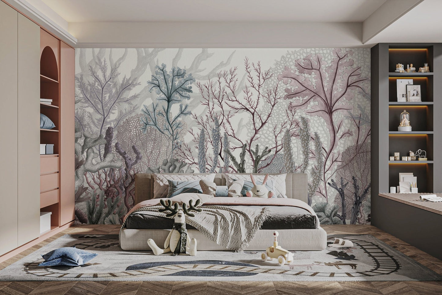 Enchanted tapestry mural inspired by the seabed for kids bedroom wall.
