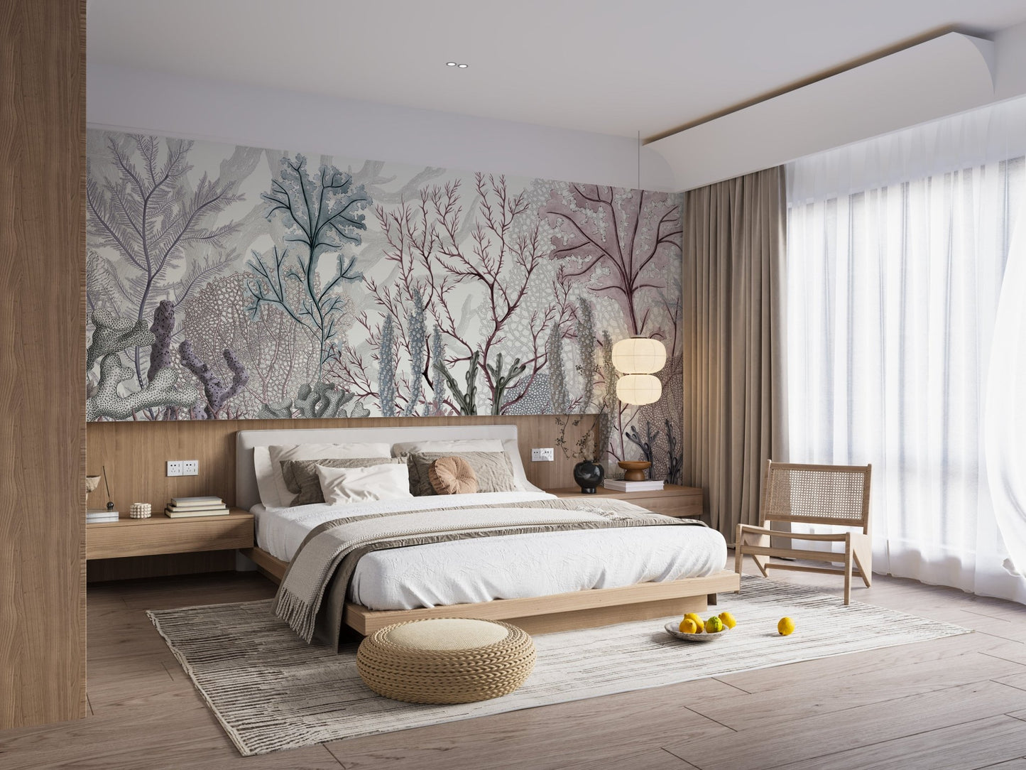Seabed-inspired mural showcasing underwater artistry on bedroom wall.
