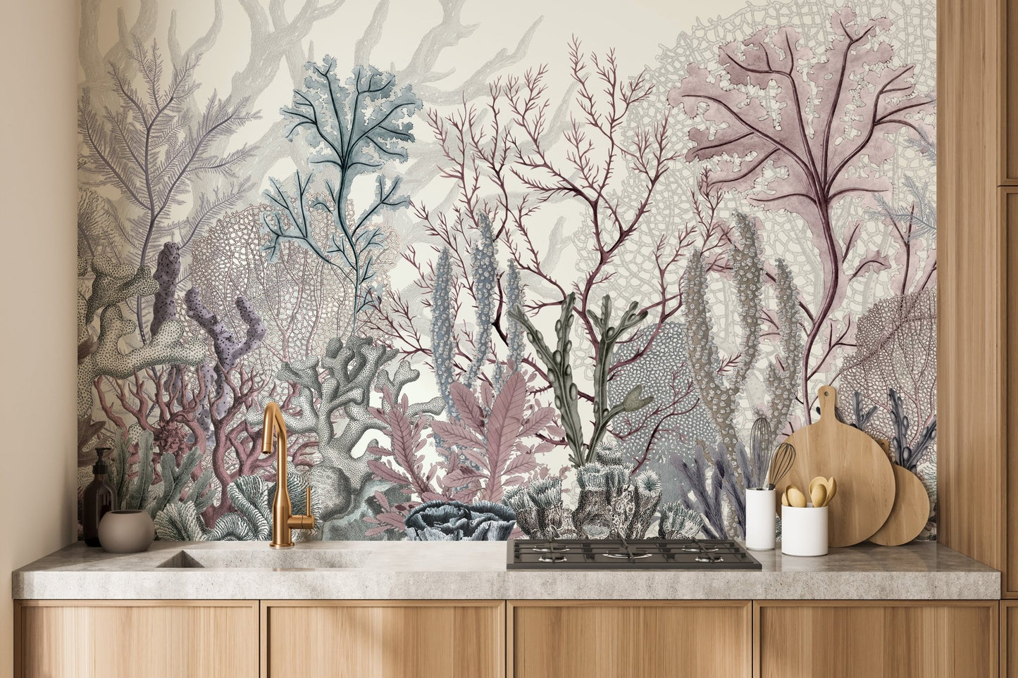 Underwater mural with an enchanted seabed tapestry on kitchen backdrop.
