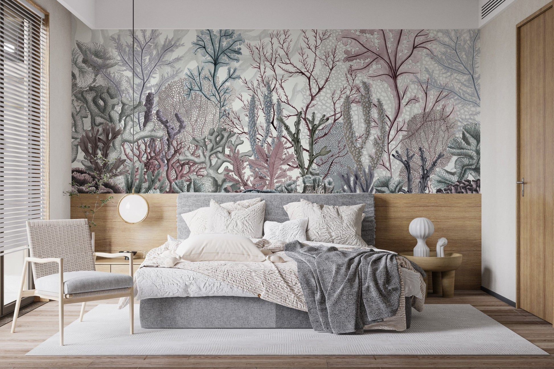 Seabed tapestry mural featuring aquatic elegance for bedroom interior.
