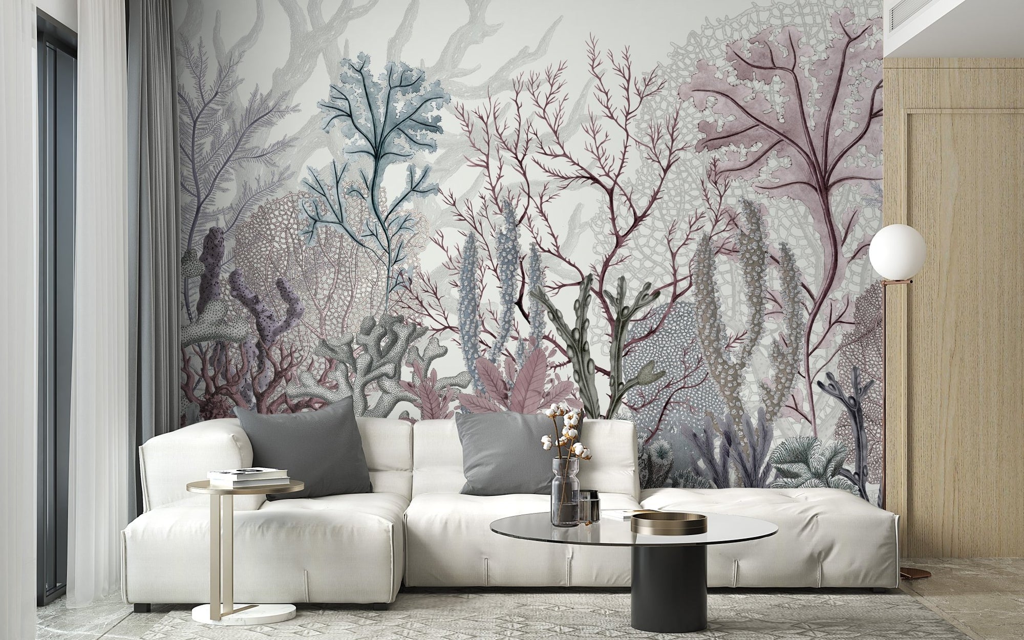 Enchanted seabed mural with underwater tapestry design for living room. 

