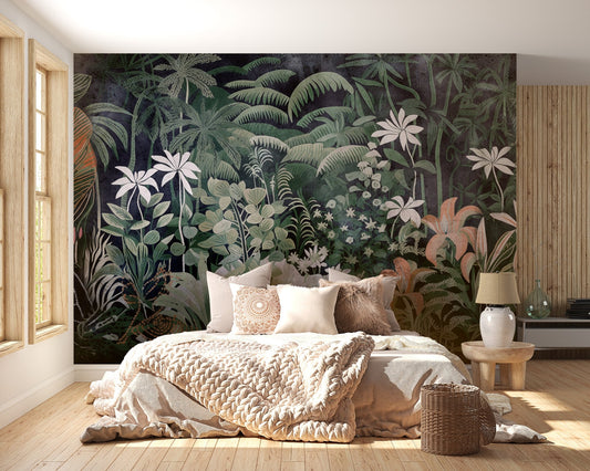 Tropical foliage wallpaper with layered jungle leaves and deep charcoal background for bedroom interior.