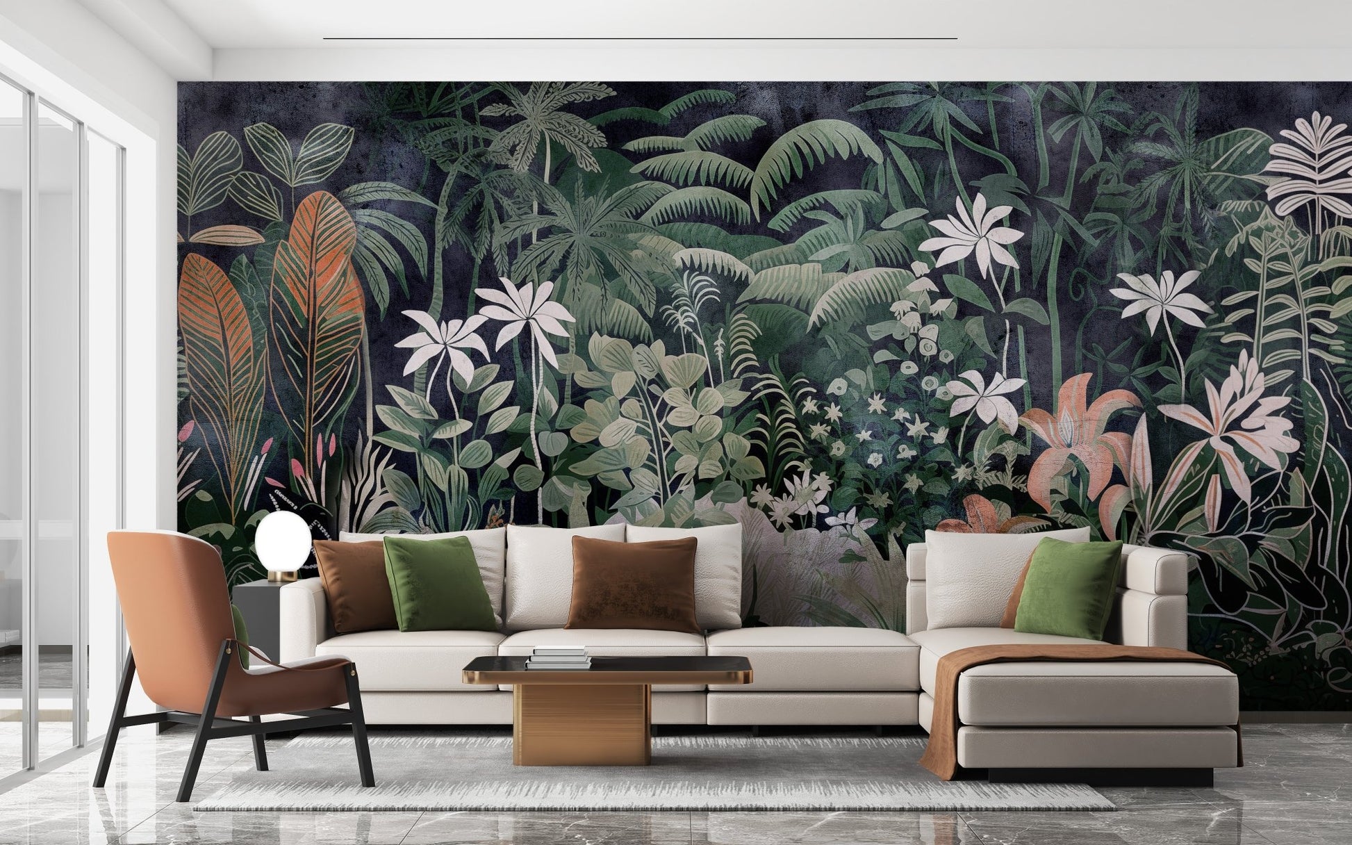 Enchanted forest mural with tropical vibes

