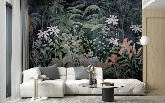 Enchanted jungle mural with lush foliage for living room wall.
