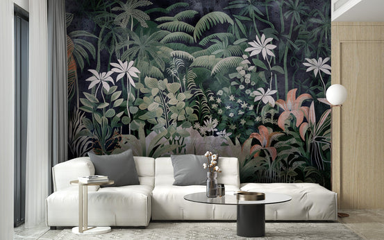 Enchanted jungle mural with lush foliage for living room wall.
