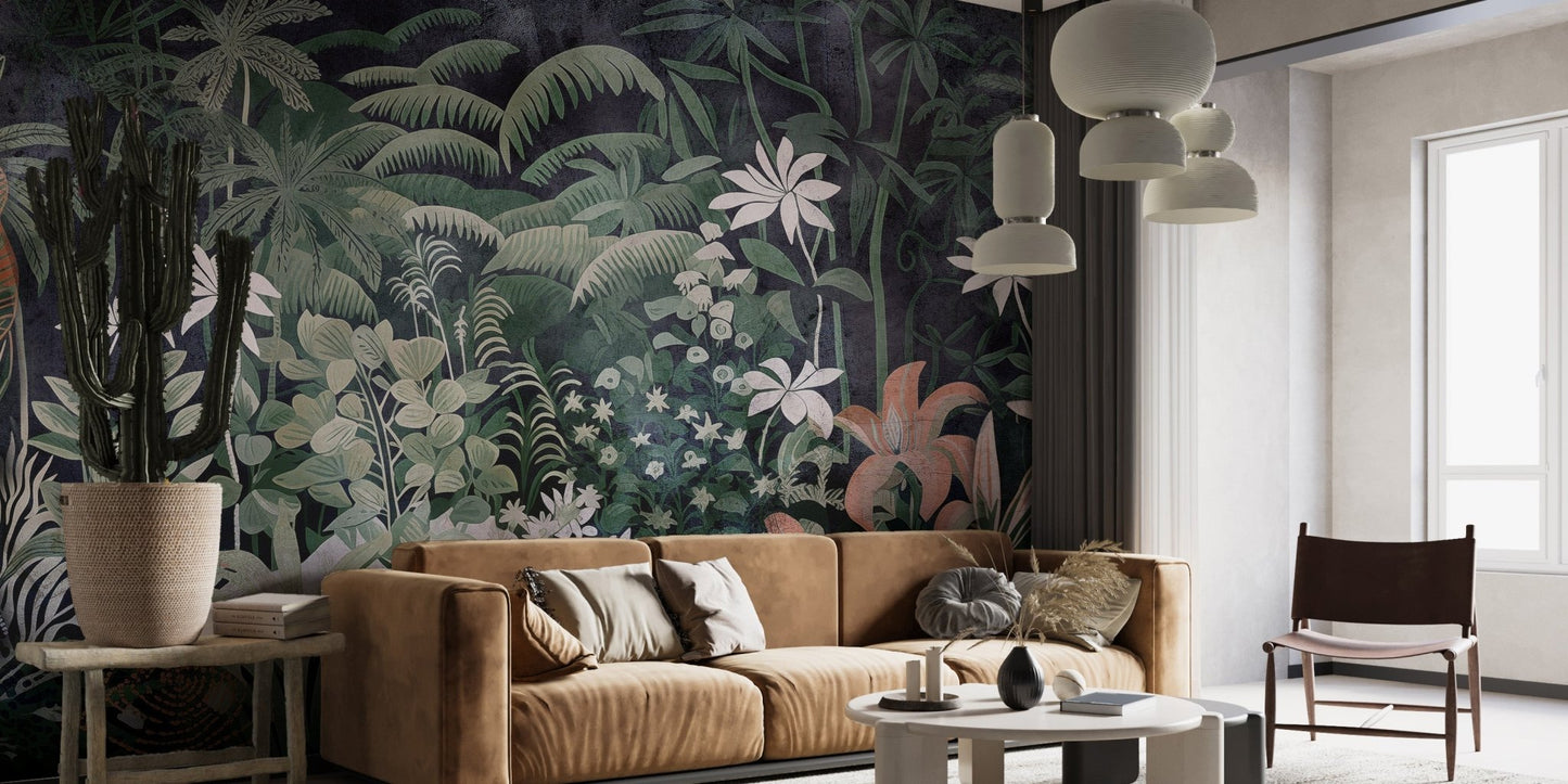 Dark botanical wallpaper with leafy details
