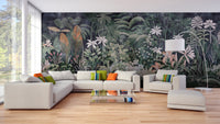 Dark jungle mural with tropical plants
