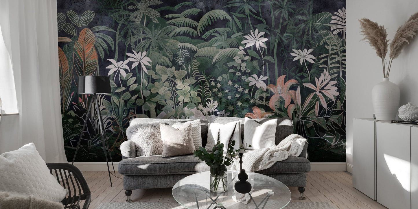Vibrant jungle mural featuring exotic plants
