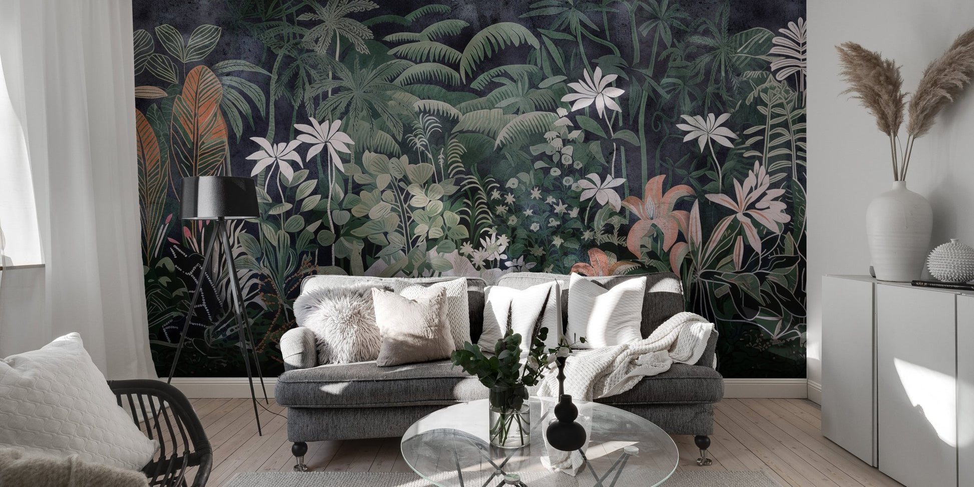 Vibrant jungle mural featuring exotic plants
