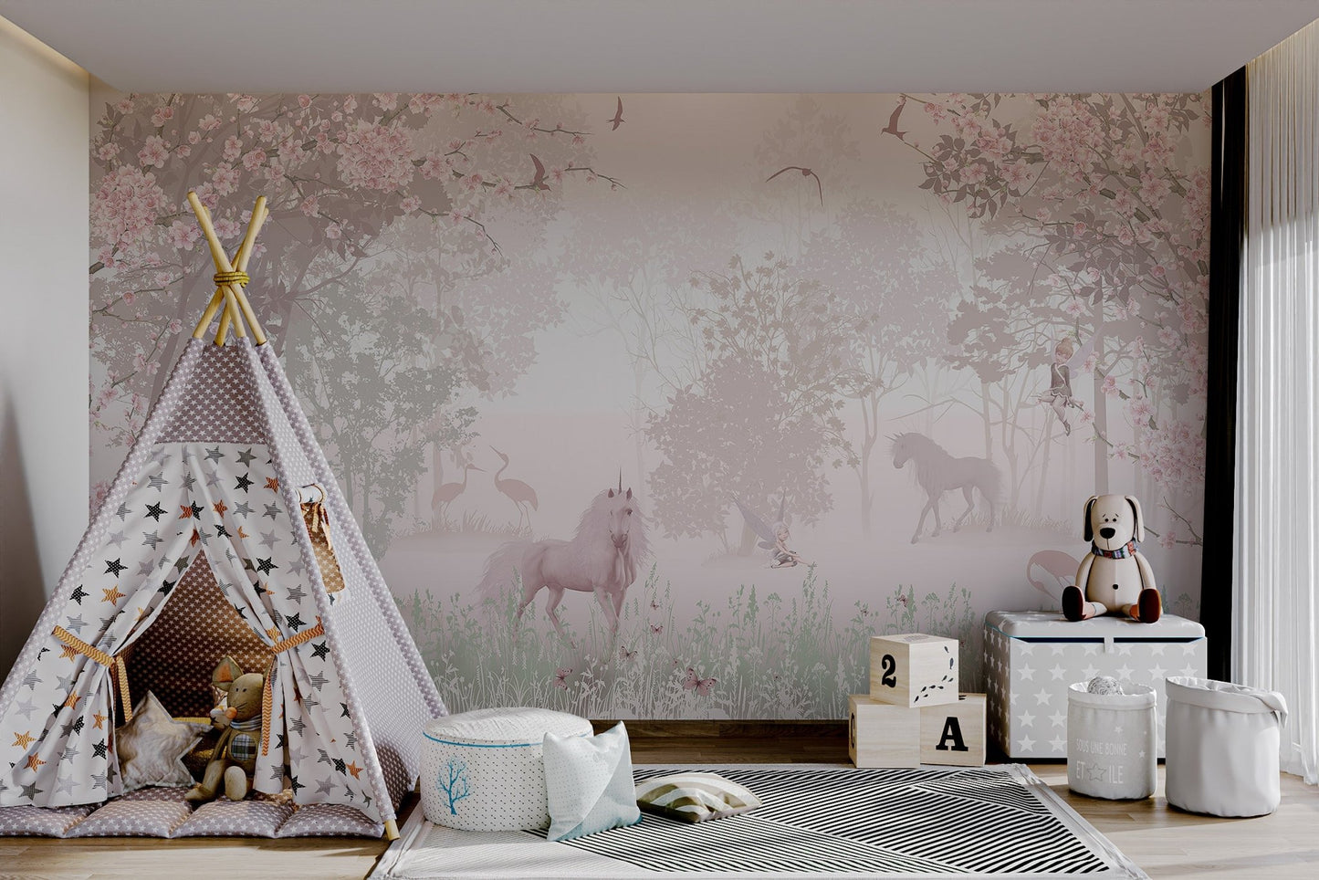 Mythical unicorn wall mural with pastel pink flowers and green meadow grass.