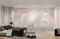 Fantasy forest wall mural with unicorns and butterflies for large bedroom.