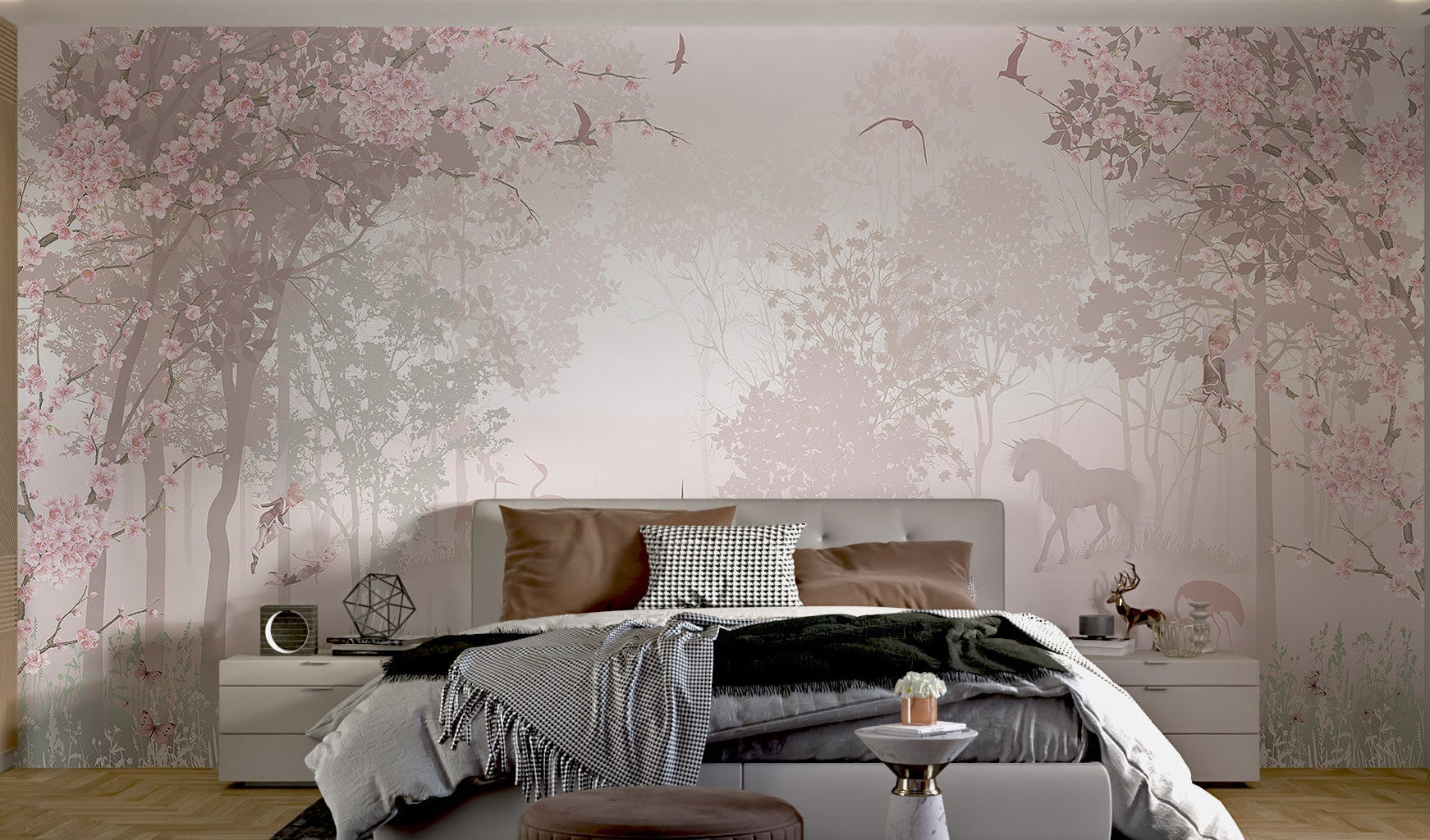 Soft pink forest wall mural with cranes and fairies in a whimsical forest