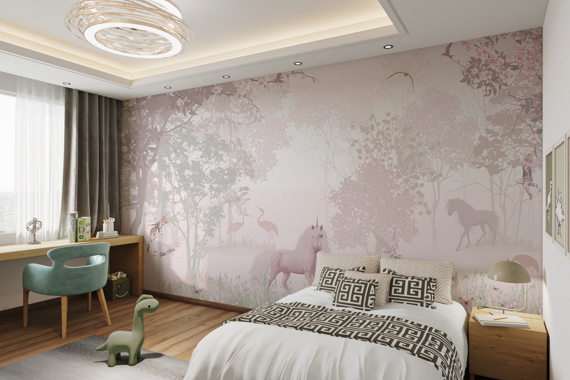 Floral unicorn wall mural with cherry blossom branches and winged fairies.