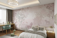 Floral unicorn wall mural with cherry blossom branches and winged fairies.