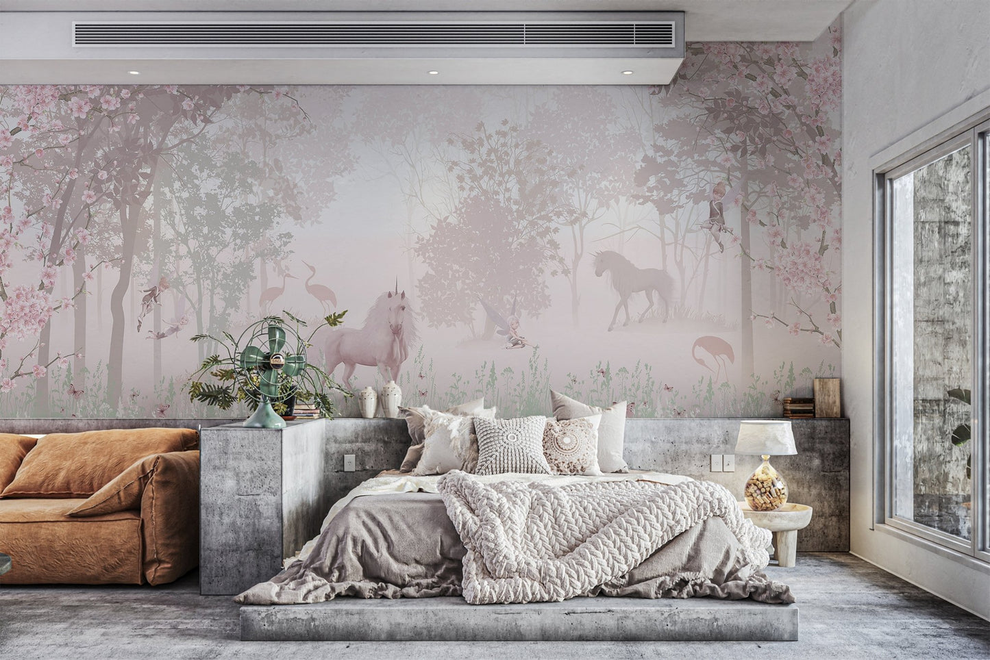 Enchanted Unicorn Blossom Forest Mural for open plan living room.