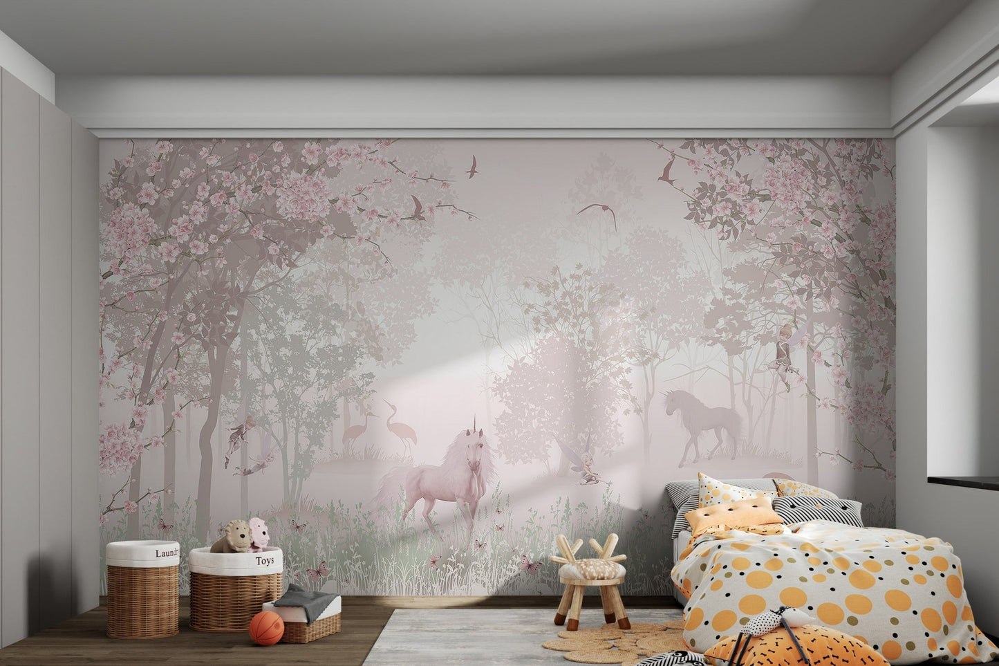 Enchanted Unicorn Blossom Forest Mural for a children's bedroom. 