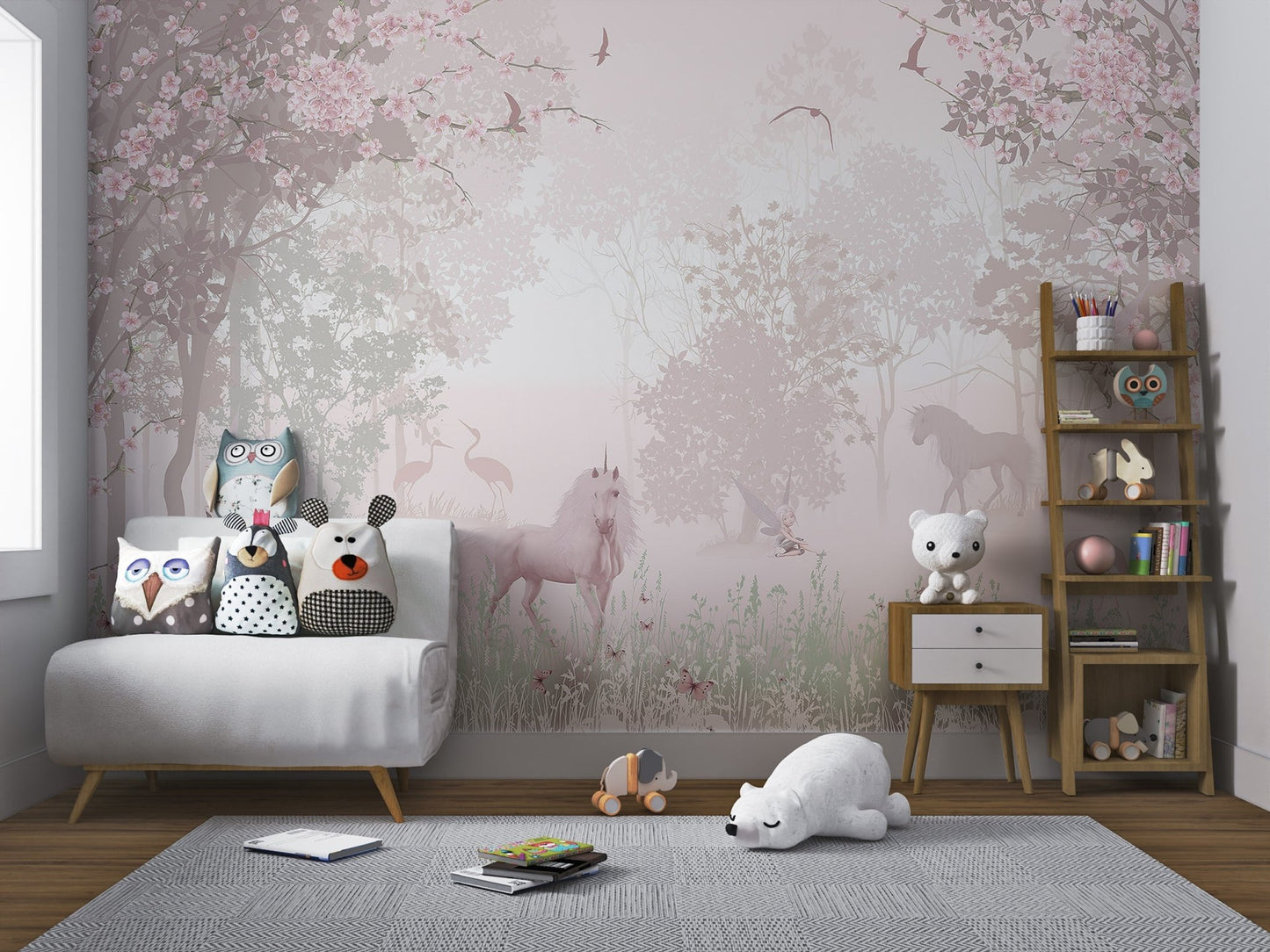 Pink blossom tree wall mural with unicorns and butterflies.
