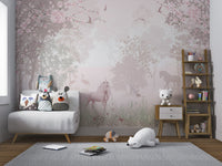 Pink blossom tree wall mural with unicorns and butterflies.