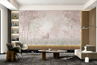 Fairy tale wall mural showing pink cherry blossoms in bright office space.