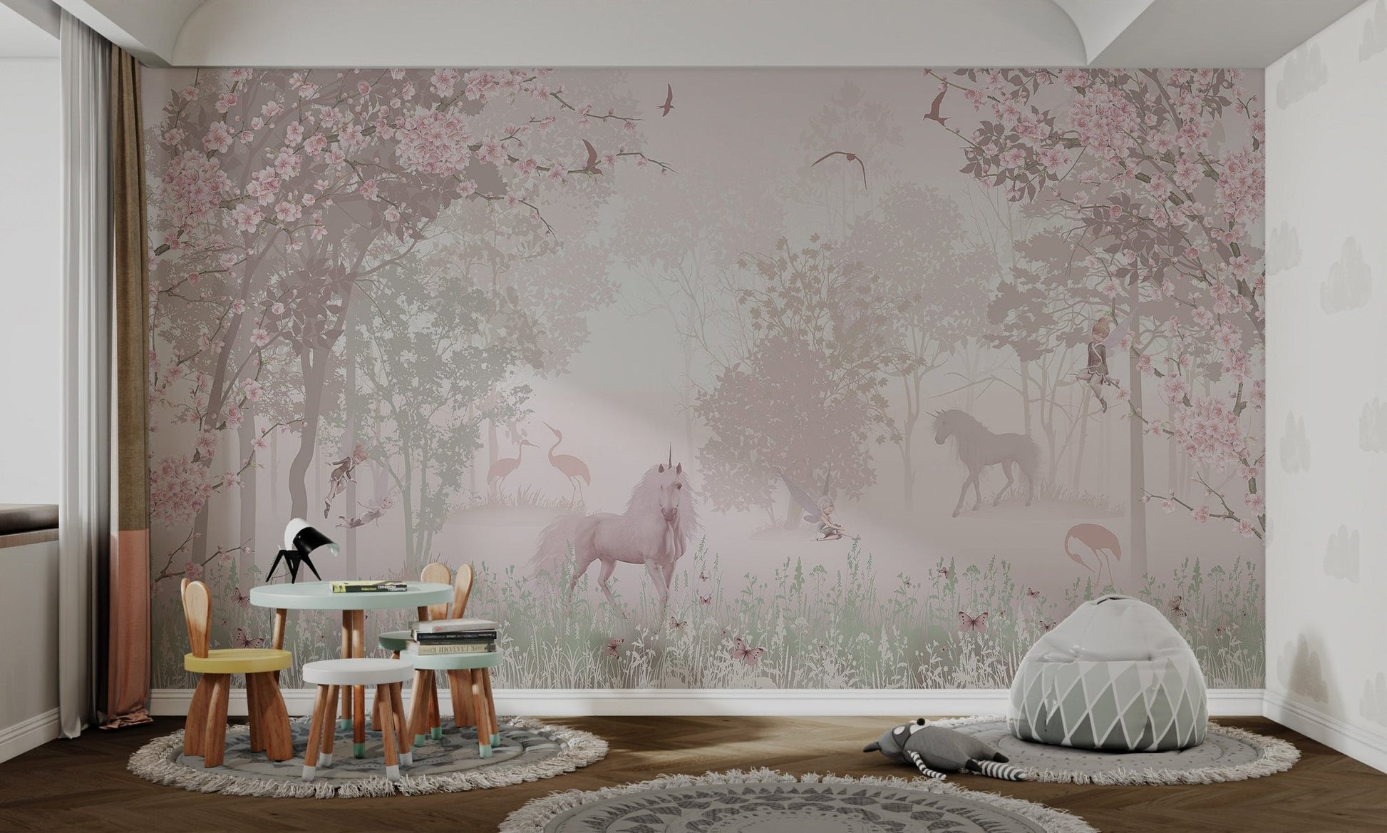 Pastel pink blossom wall mural with mythical creatures for kids room.