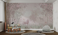 Pastel pink blossom wall mural with mythical creatures for kids room.