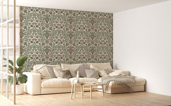 Detailed flower pattern wall mural behind a beige sofa in a bright room.
