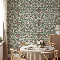 Enchanted Vintage Flower Pattern Retro Wall mural in a dining room with wooden chairs.