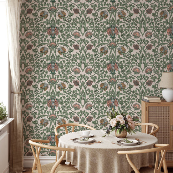 Enchanted Vintage Flower Pattern Retro Wall mural in a dining room with wooden chairs.