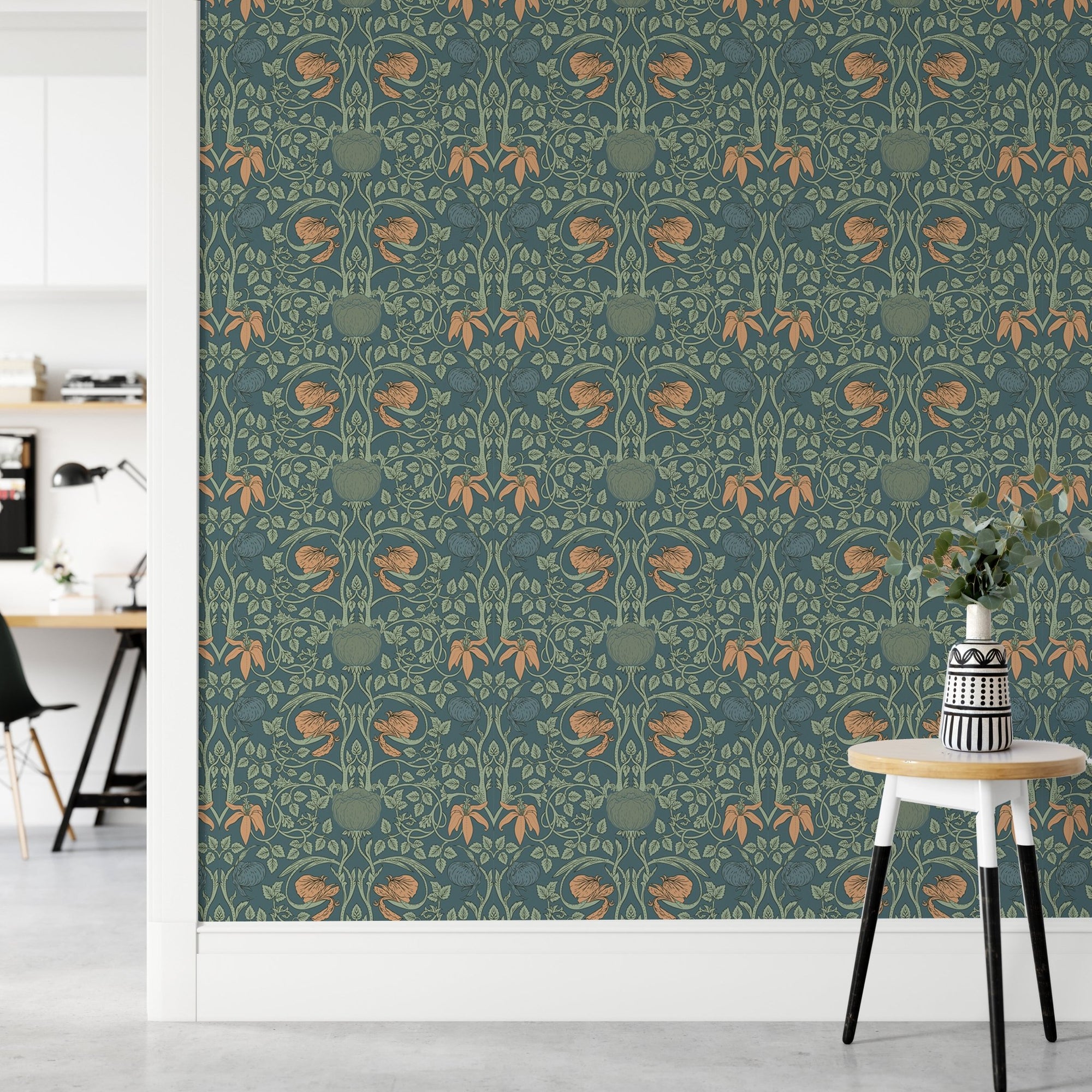 Enchanted vintage green color flower wallpaper in a minimalist hallway.