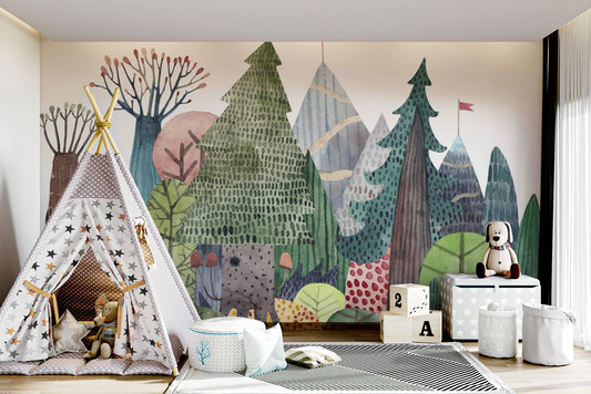 Enchanted Watercolor Woods Wall Mural featuring soft green trees and misty forest morning.