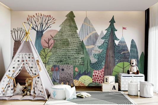 Enchanted Watercolor Woods Wall Mural featuring soft green trees and misty forest morning.