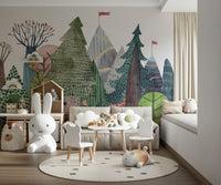 Nature-inspired wall mural for a cozy living room.