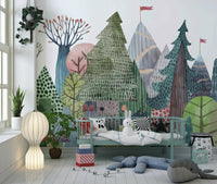Soft green watercolor trees in a modern playroom.