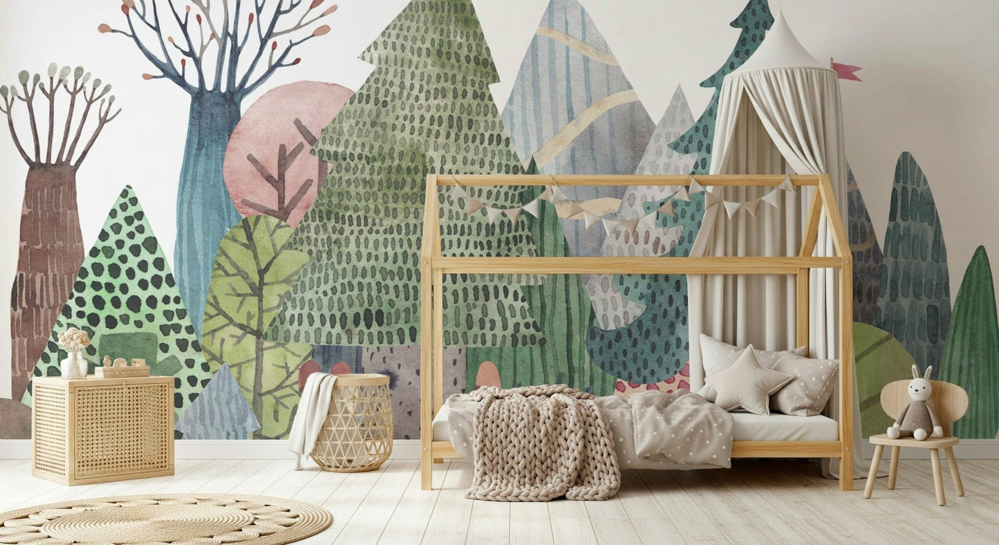 Nature-inspired wall mural for a cozy living room.