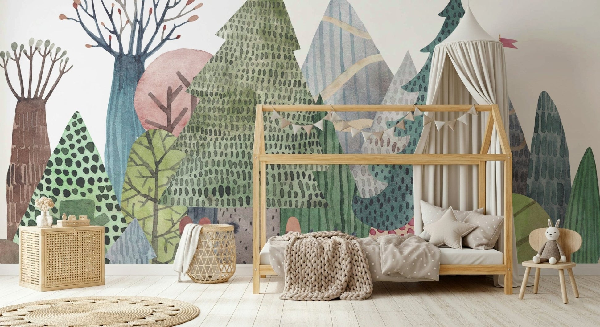 Nature-inspired wall mural for a cozy living room.