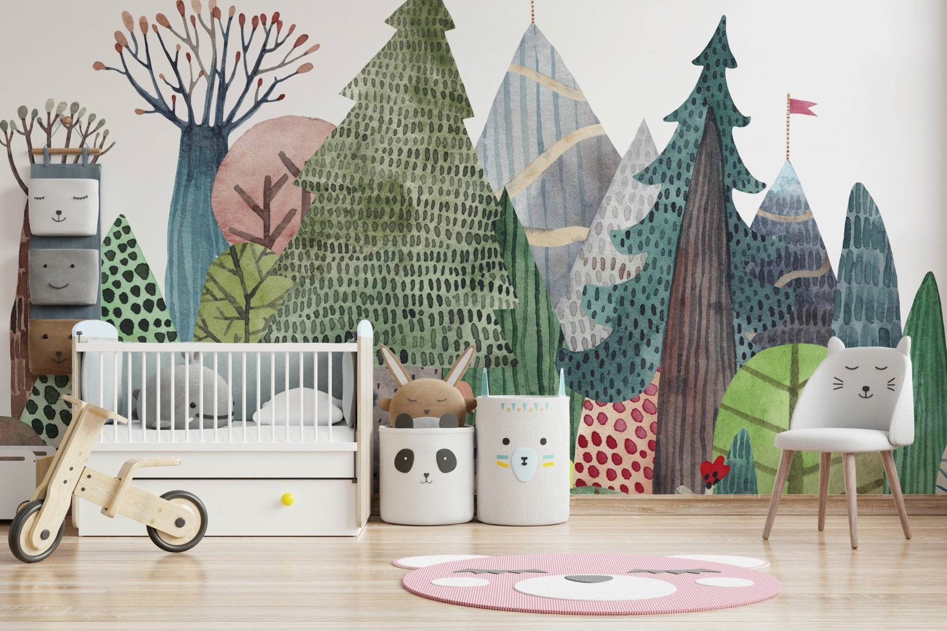 Dreamy forest mural in soft blue and green tones.