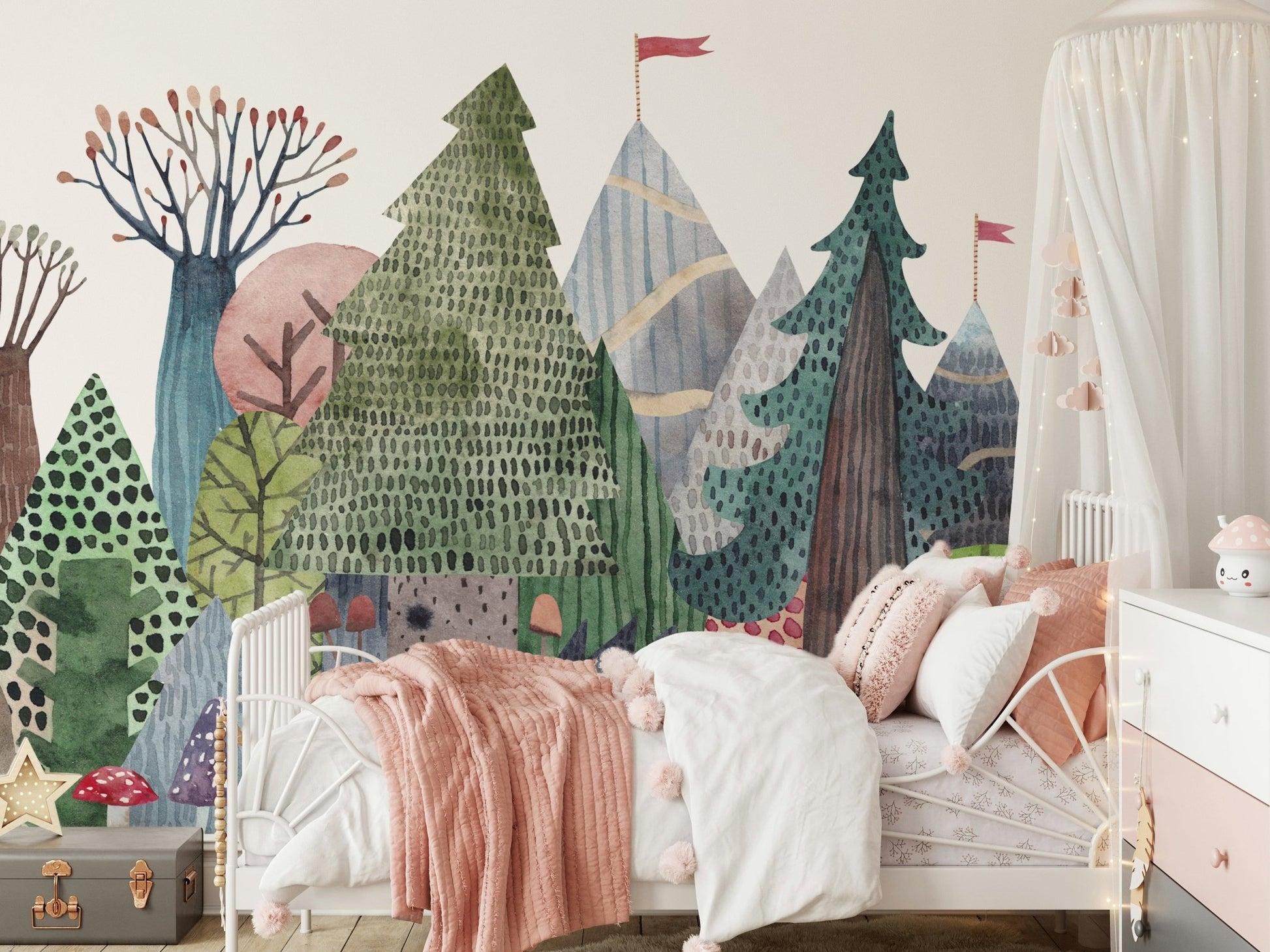 Enchanted Watercolor Woods Wall Mural for kids rooms.