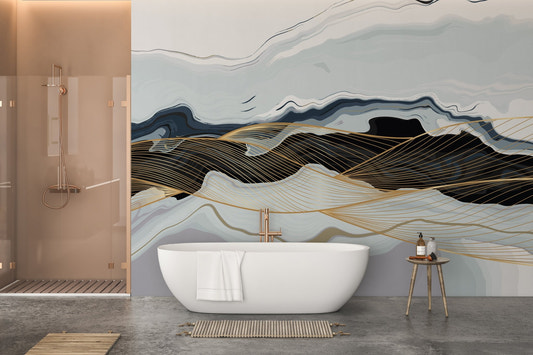 Enchanting Blue and Gold Marble Wall Murals in a bathroom with a white freestanding tub.