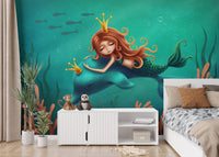 Detailed mermaid and dolphin wallpaper   mural in a sunlit child's bedroom.