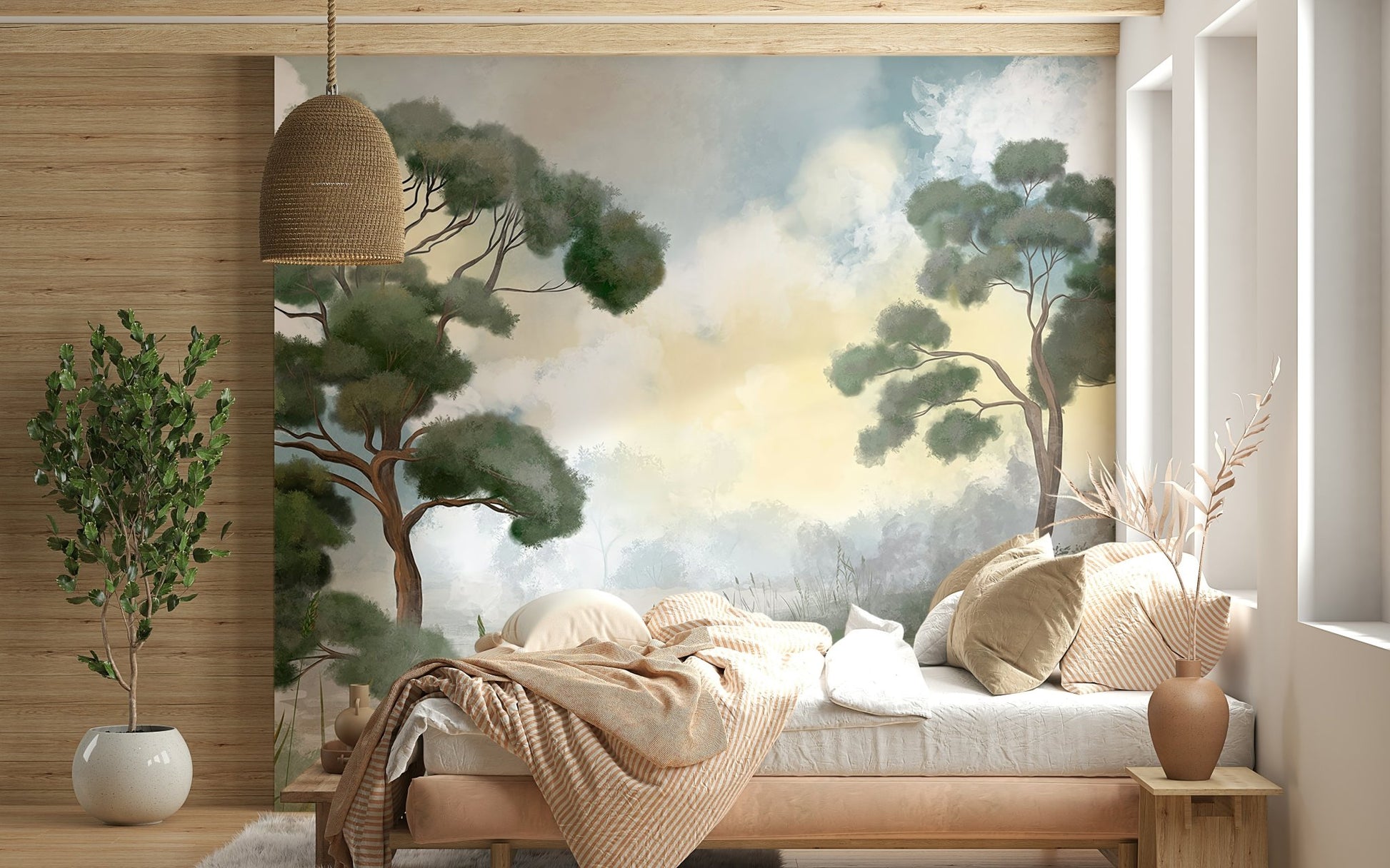 Loft gray green canopy mural accent wall