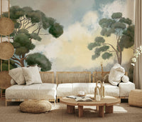 misty green enduring woodland wall mural accent wall