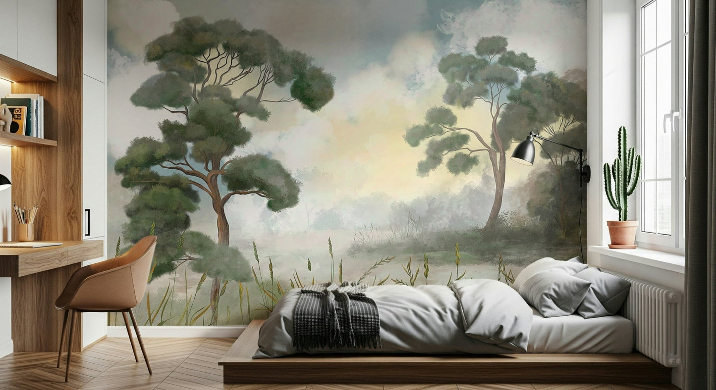 sand toned woodland wallpaper mural feature wall