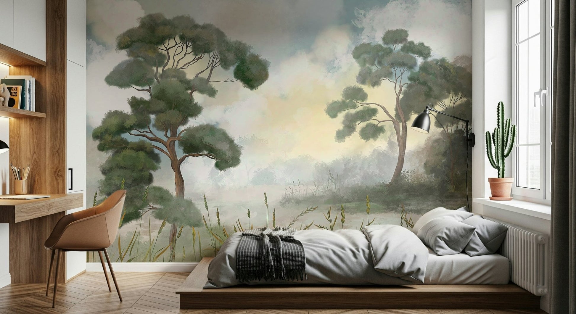 sand toned woodland wallpaper mural feature wall