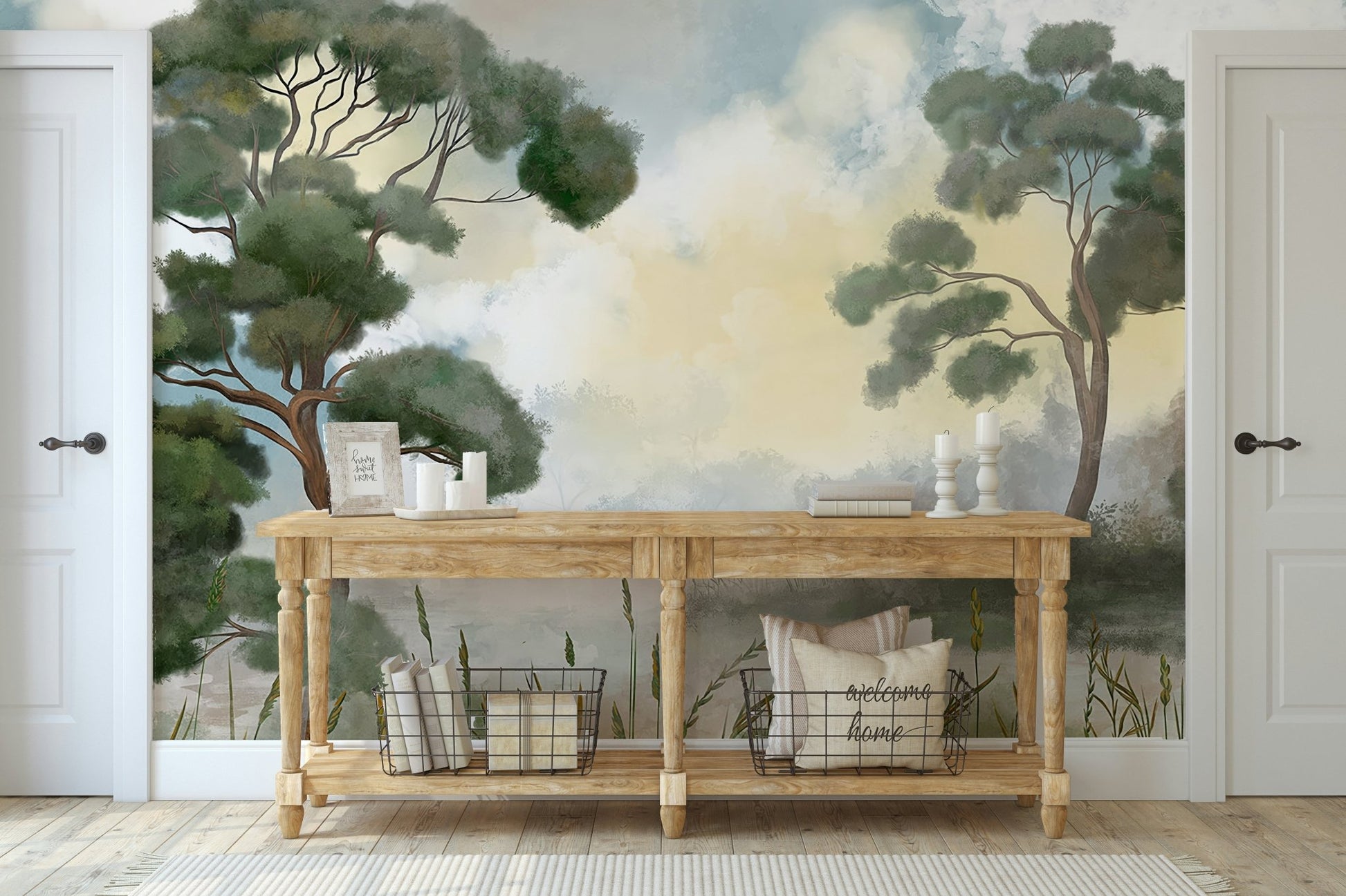 Apartment airy green mural feature wall